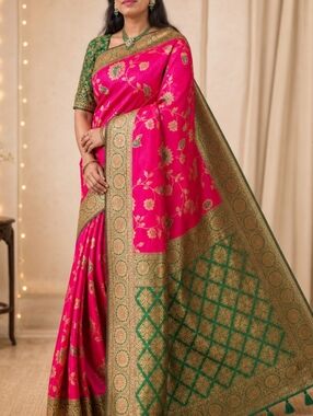 Women’s Traditional Pink & Green Woven Silk Saree